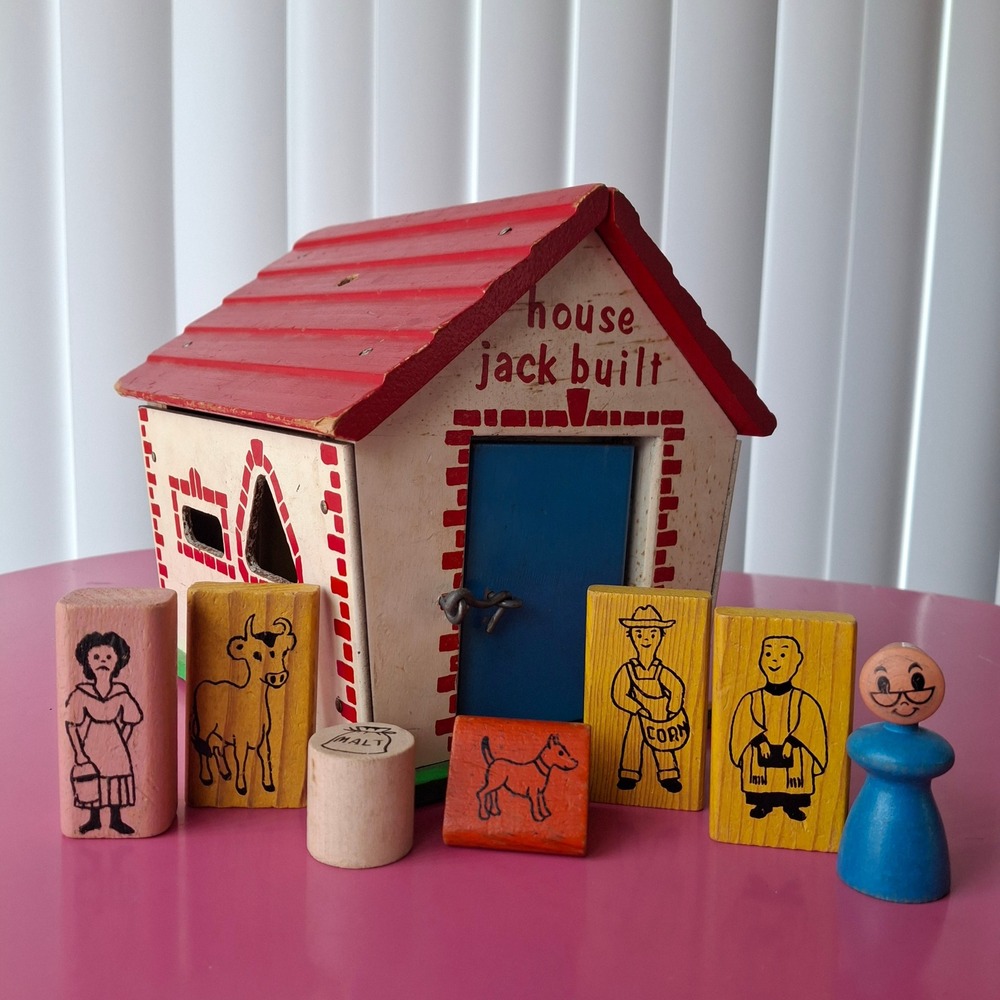 Vintage Playskool The House Jack Built Wooden Toy Shape Sorter House Mid Century